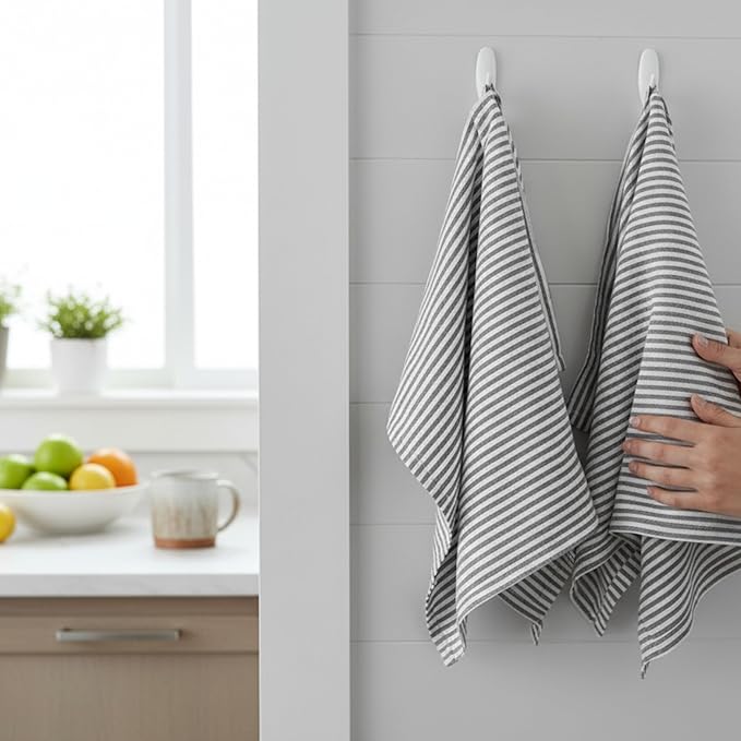 Eight Owls Stonewashed Linen Kitchen Dish Towels - 20 x 27 inch – 100% Pure Linen Tea Towel/Hand Towel - Set of 2 (Charcoal Stripe)
