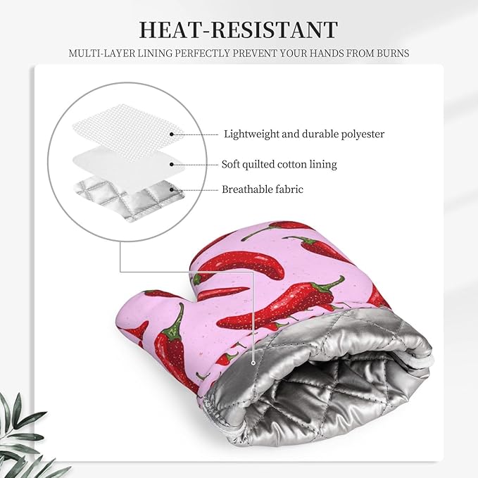 Peppers Silicone Oven Mitts Set of 2, Heat Resistant up to 500°F, Kitchen Oven Gloves with Non-Slip Grip and Soft Cotton Lining for Baking, Cooking and BBQ