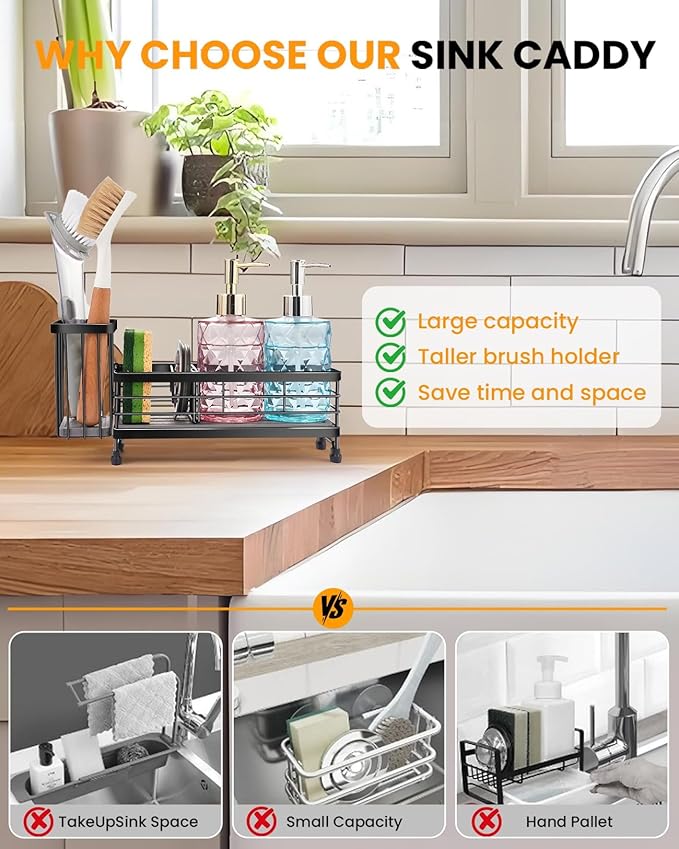 ARTLEO Kitchen Sink Caddy with Water Absorbent Diatomite Stone Sink Tray, Fast Drying Sink Organizer with High Dish Brush Holder Sponge Holder for Kitchen Sink, Stainless Steel
