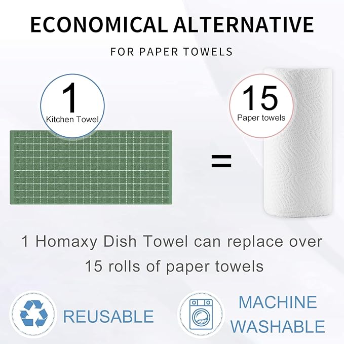 Homaxy 100% Cotton Terry Kitchen Towels(Grass Green, 13 x 28 inches), Checkered Designed, Soft and Super Absorbent Dish Towels, 18 Pack