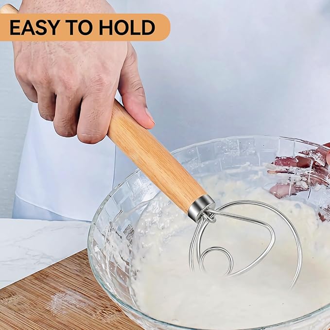 TEEVEA Danish Dough Whisk for Bread Sourdough, Wooden Handle & Stainless Steel Hook