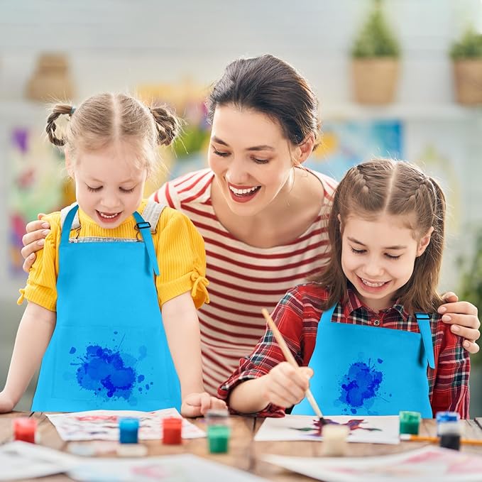 6 Pack Kids Apron Bulk with 2 Pockets Adjustable Chef Art Apron Kids Painting Aprons for Cooking Baking Painting Crafting Grilling Activity（Blue）
