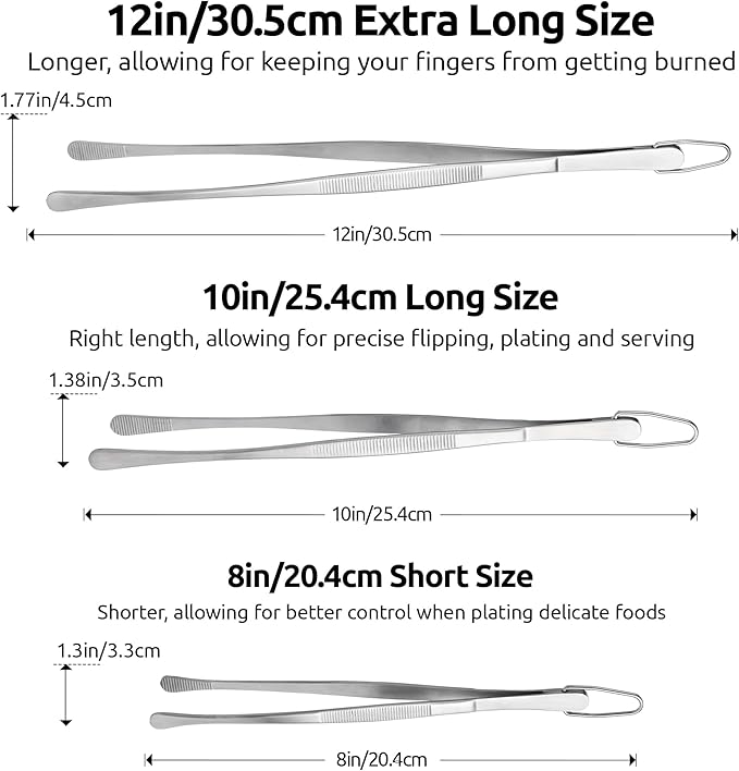 U-Taste 8"+10"+12" Kitchen Cooking Tweezer: 18/8 Stainless Steel Food-Grade Metal Food Tong, Flexible Pinching, Seamless-Welding and Sturdy for Serving Grilling Frying, Plating, Feeding (Round Tip)
