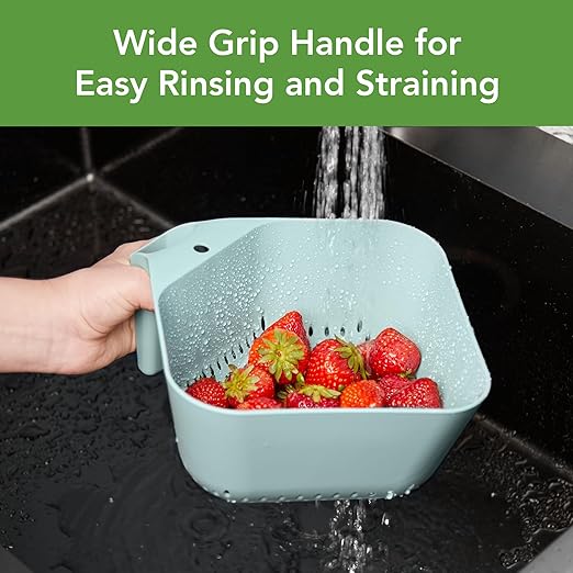 Tovolo Elements Square Colander with Handle Strainer Basket for Pasta Fruit Berries Veggies, Easy to Clean BPA Free Heat Resistant Plastic Colander with Spout 3 Quart Kitchen Strainer, Blue Haze