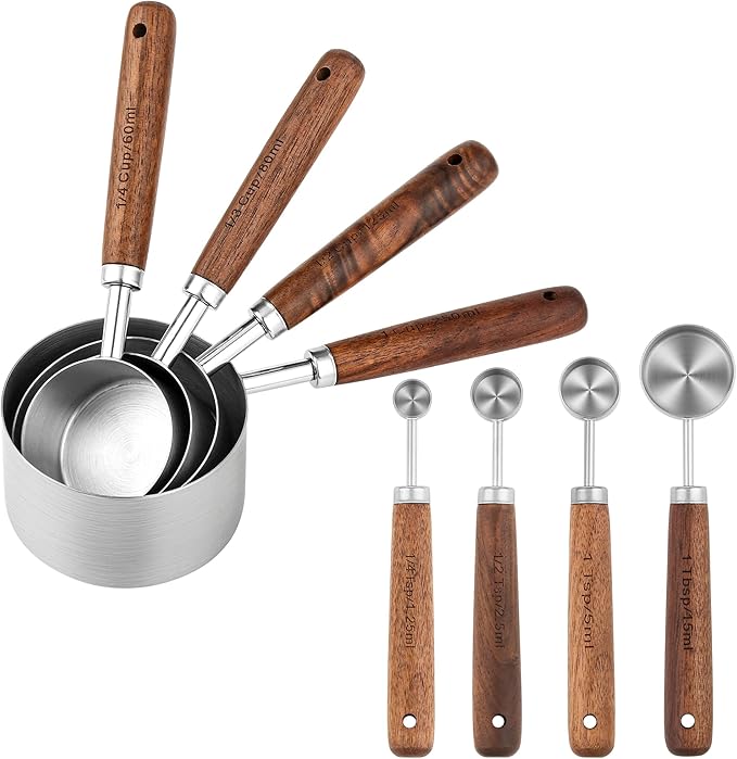 Smithcraft Measuring Cups and Spoons Set 8, 18/8 Stainless Steel Measuring Cups and Spoons Set for Baking and Kitchen, Metric & US Metal Measure Cup & Spoon with Wood Handle for Dry & Liquid