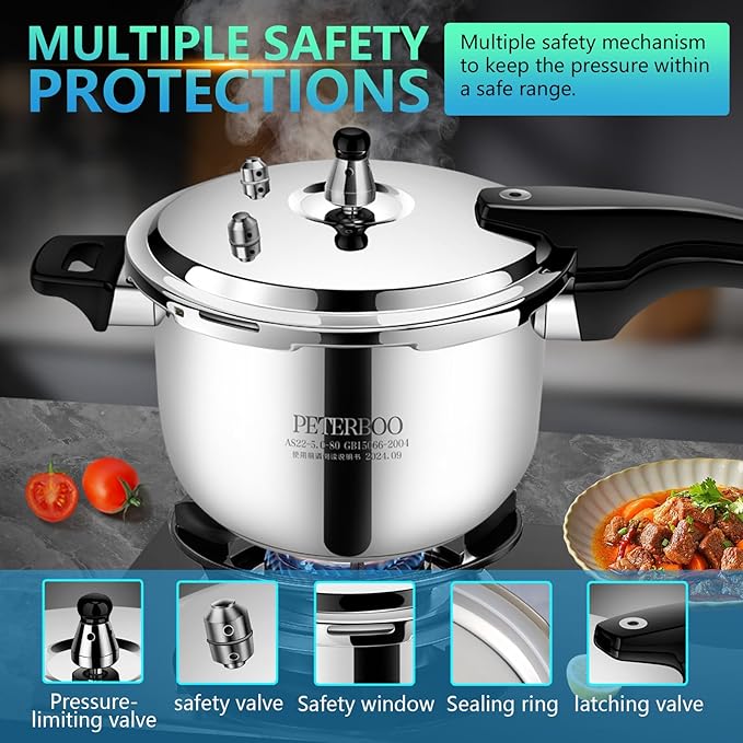 6QT Stainless Steel Pressure Cooker, Heavy Duty Food Grade 304 Pressure Canner with Safety Valve & Heat-Resistant Handle, Compatible with All Stovetops for Home Cooking & Canning