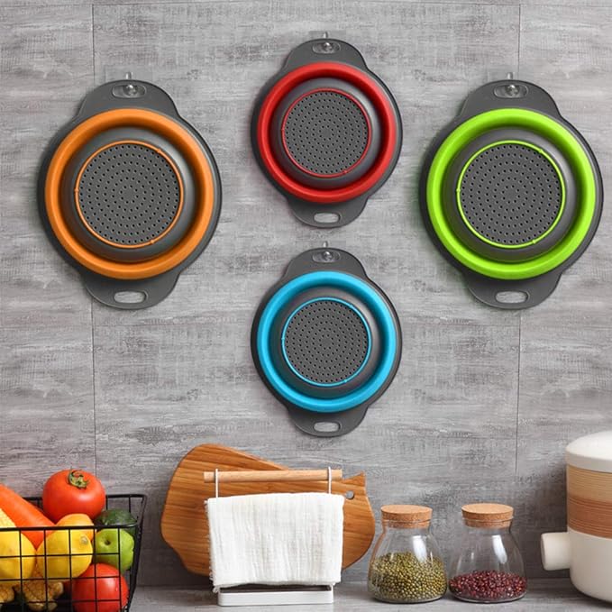 QiMH Collapsible Colander and Strainer Set of 4, 2 PC 4 Quart(1 gal) and 2 PC 2 Quart(0.5 gal), Food-grade Sturdy Plastic Base - Round Space-save Silicone Kitchen Foldable Strainer for Pasta, Veggies