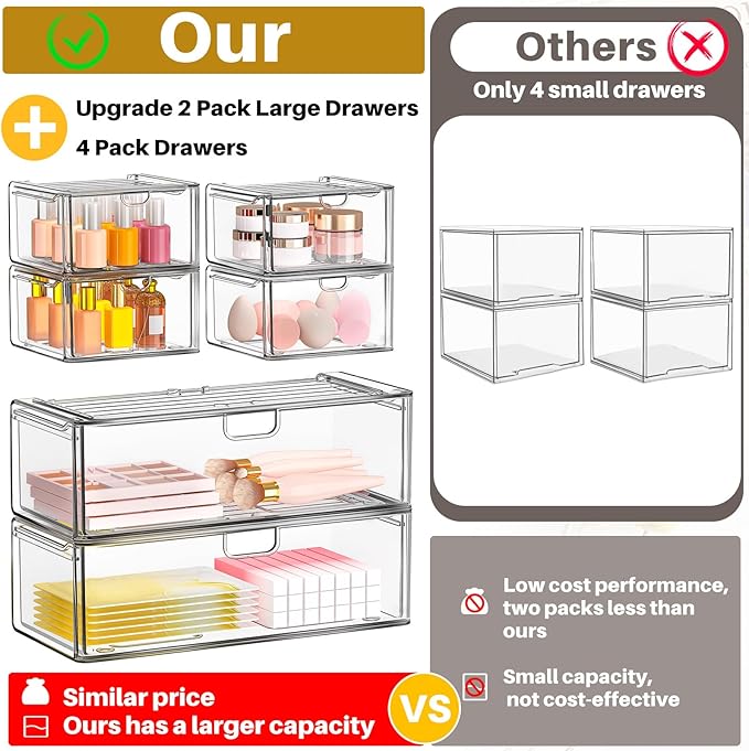 caktraie Acrylic Storage Drawers Set of 6, Clear Makeup Organizer, Plastic Organizer Bins for Beauty Supplies,Ideal for Vanity, Bathroom,Cabinet,Pantry Organization