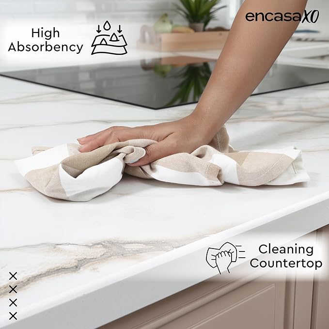Encasa XO Cotton Kitchen Towel Set | Hand and Tea Cloth for Cleaning & Quick Drying, X-Large 28"x18" (Pack of 4) Highly Absorbent - Buffalo Beige Checks