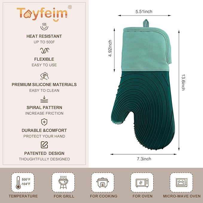Silicone Oven Mitts-13.6 in Extended Oven Mitts Heat Resistant 500F, Oven Gloves with Soft Liner Good Grippy BPA-Free Easy to Clean Flexible-Oven Mits Set for Cooking Baking Grilling BBQ