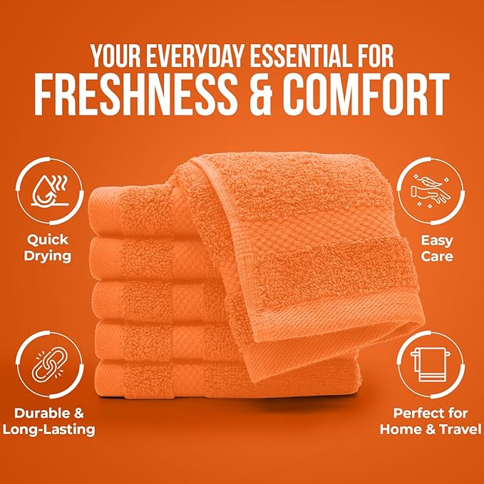 DAN RIVER 12-Pack Premium 100% Cotton Orange Face Towels for Bathroom - Reusable Face Wash Cloths for Showering 12x12 Inches - 550 GSM Super Soft & Absorbent Luxury WashCloths for Body, Spa & Gym