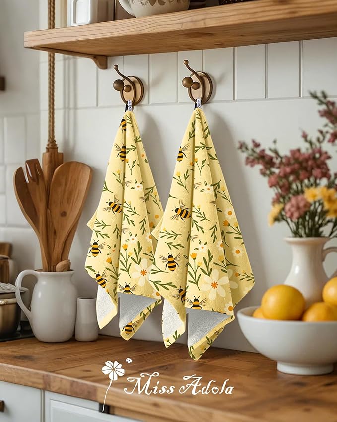 Miss Adola Cotton Kitchen Towels Set of 2 - Cute Design 16×26 Inch Dish Towels for Kitchen with Hanging Loop Bee Quick Dry Hand Towels Soft & Absorbent, Home Decorative,Terry Cloth Tea Towels