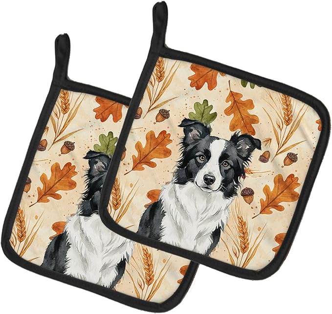 Caroline's Treasures Blue Merle Border Collie Heirloom Fall Pair of Pot Holders Pair 7.5x7.5 Quilted Insulated Hot Pads Decorative Kitchen Gift Made in USA