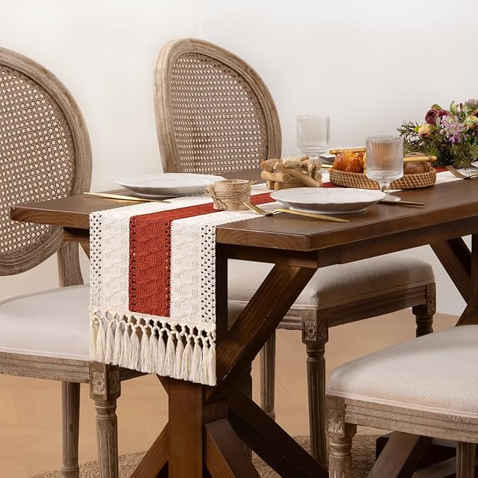 DeZerlor Boho Macrame Table Runner Terracotta Spring Easter Farmhouse Woven Table Runner with Tassels 72 Inches Ivory& Rust Cotton Linen Kitchen Table Decor for Dining Dresser Home Tea Table Decor