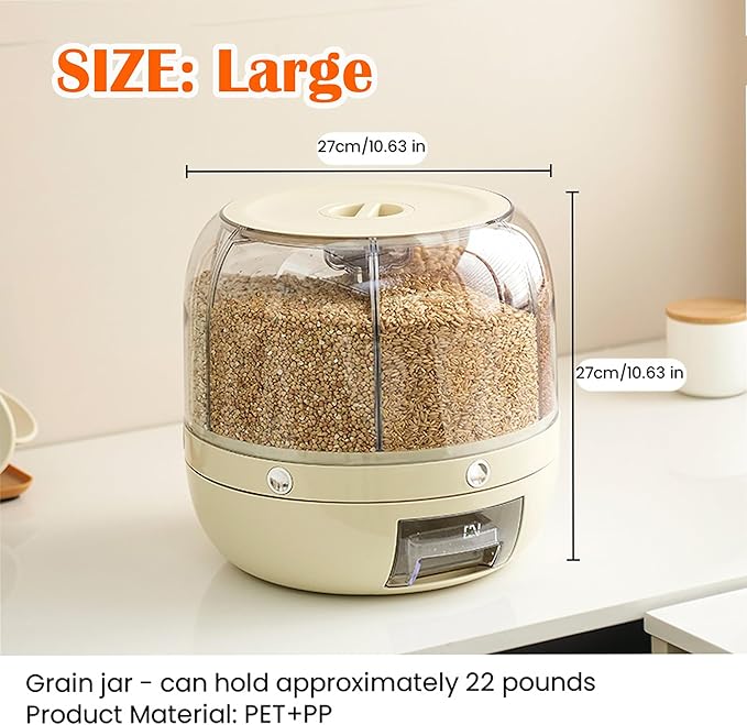 Rotating Grain Storage Bin - 6 Grids 22LBS Capacity Rice Food Dispenser with One-Click Output & Moisture-Proof Design, Kitchen Countertop Pantry Organizer for Rice, Beans, Cereals (Large)