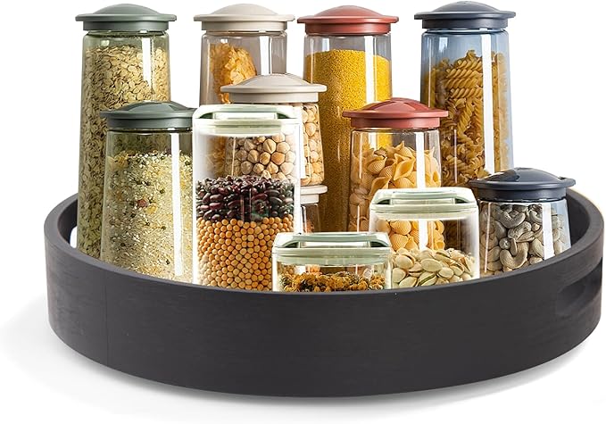 13in Black Bamboo Lazy Susan Turntable - Round Rotating Organizer for Cabinet, Table Top & Kitchen | Spice & Seasoning Spining Serving Tray