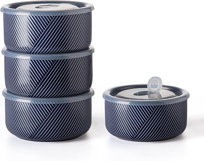 Large Ceramic Bowls with Lids: 32 oz Microwave Safe Food Storage Containers for Soup Salad Meal Prep Lunch Picnic Camping - 6 Inch, Set of 4 (Navy)