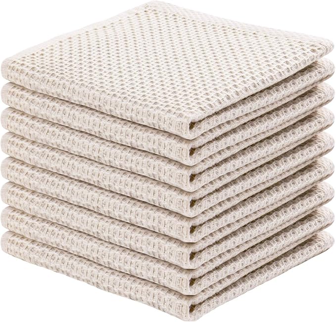 joybest Cotton Kitchen Dish Cloths, 8-Pack Waffle Weave Ultra Soft Absorbent Dish Towels Washcloths Quick Drying Dish Rags, 12x12 Inches, Beige
