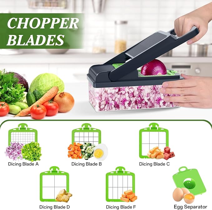 HomeHacks Vegetable Chopper Vegetable Cutter, 15 in 1 Kitchen Gadget, Dicer, Slicer, Onion Cutter, Salad, Cheese Grater & Egg Separator - Multi-Functional Veggie Chopper Lid with Handle (Green)