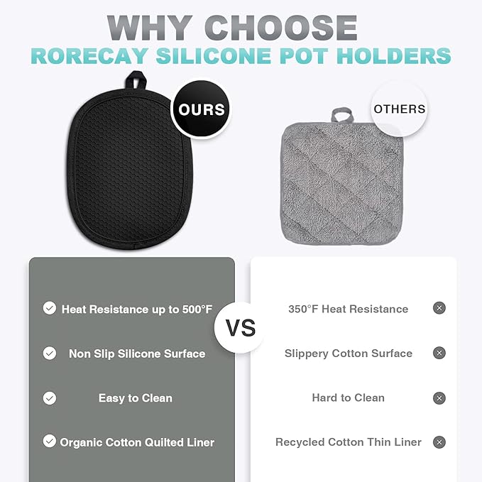 2-Pack Silicone Pot Holders for Kitchen Heat Resistant up to 500°F, Non-Slip Large Hot Pads with Pocket, Quilted Liner Trivets for Countertops Hot Pots and Pans (Black)