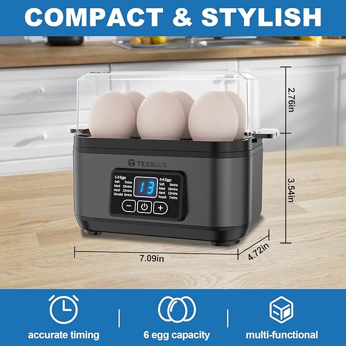 Tesslux Electric Rapid Egg Cooker, 6 Egg Capacity for Hard Boiled Eggs, Poached Eggs, Scrambled Eggs, or Omelets Maker with Auto Shut Off (Gray)