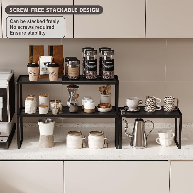 Magheo Expandable Cabinet Shelf Organizer, 2 Pack Stackable Kitchen Counter Shelf Riser, Metal Spice Rack Adjustable Heavy Duty Countertop Organizer Storage for Kitchen, Pantry, Cupboard, Rv (Black)