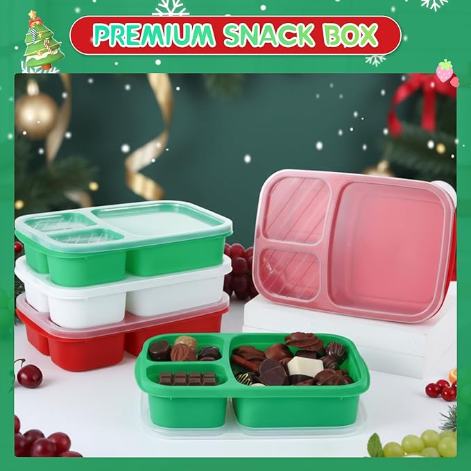 Honeydak 5 Pack Snack Containers 3 Compartment Bento Snack Boxes Divided Meal Prep Containers with Lids Reusable Adults Lunch Food Storage Box for School Work Travel (Red and Green)