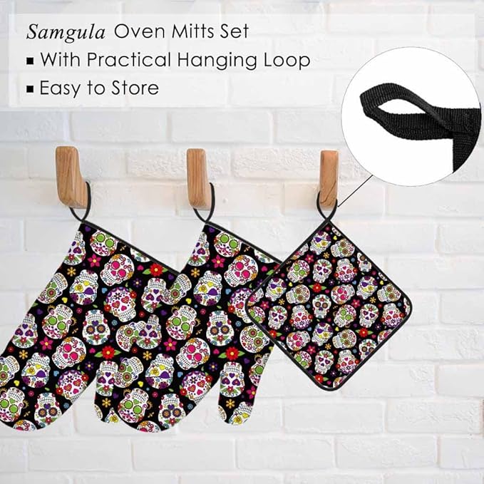 Sugar Skulls Oven Mitts and Pot Holders Sets Flower Texture Hearts Day of The Dead Heat Resistant 3pcs for Cooking Baking BBQ