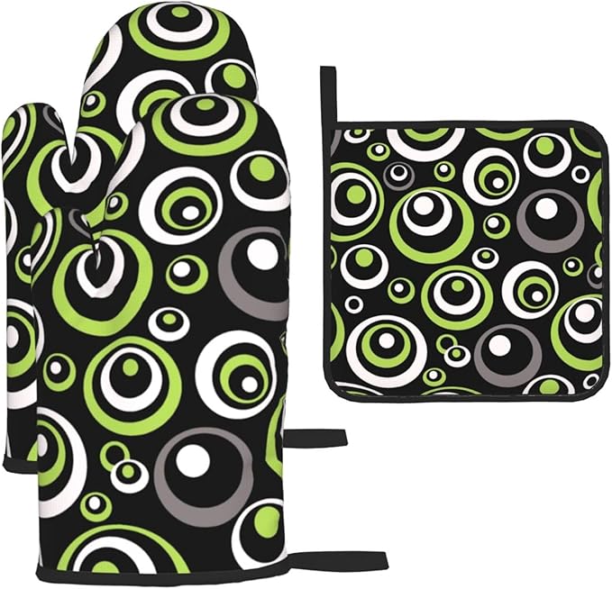 Black Green Retro - Geometric Oven Mitts and Pot Holders Set of 3, Non-Slip Heat Resistant Green and Black White Circle Pattern Kitchen Gloves for Cooking Baking Grilling, Gift for Women, Home Decor