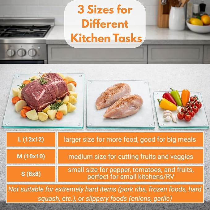 Hacaroa 6 Pack Tempered Glass Cutting Board for Kitchen, 8/10/12 Inch Square Chopping Board with Rubber Feet, Clear Non-slip Countertop Protector Pallette Mat, Heat Resistant, Easy to Clean, 3 Sizes