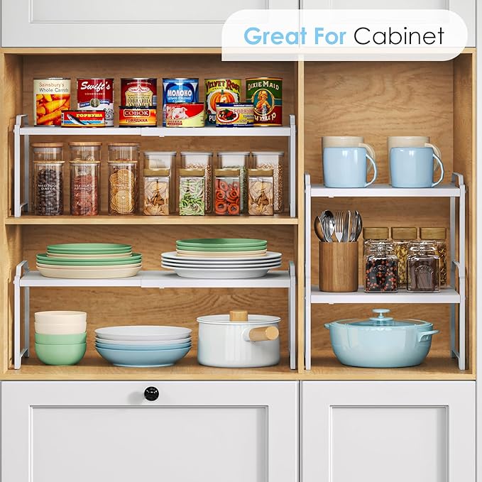 2 Pack 11” Width Expandable Kitchen Cabinet Organizer Shelves, Heavy Duty Kitchen Countertop Organizers and Storage Rack, Stackable Metal Small Storage Shelf For Pantry Counter Cupboard Organization