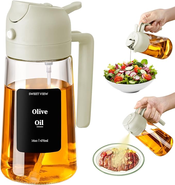 SWEET VIEW Oil Sprayer for Cooking, 16oz/470ml Glass Oil Dispenser/Pour Bottle, Kitchen Accessories, Kitchen Gadgets for Air Fryer, Salad, BBQ, with Stickers (White)
