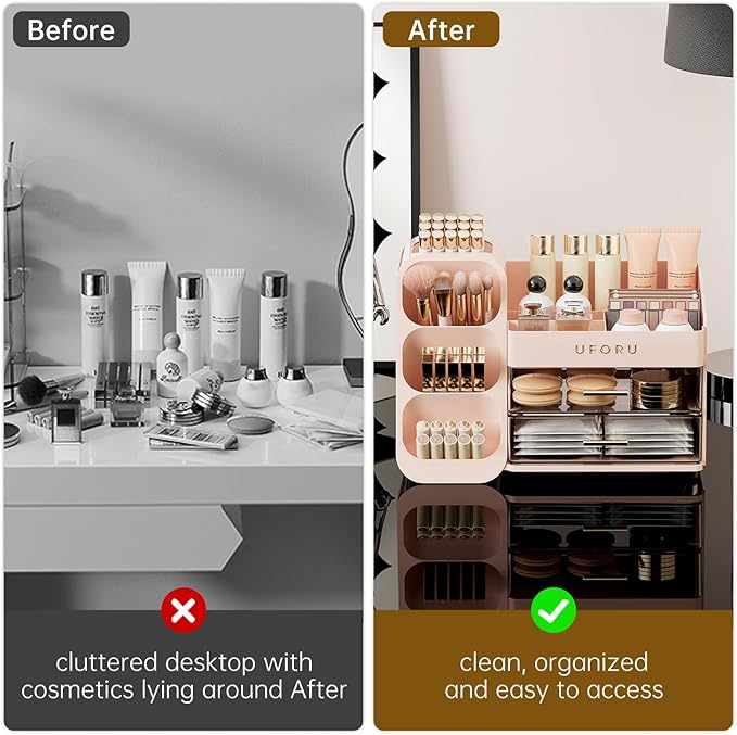 Makeup Organizer for Vanity with Brush Holder, Large Plastic Bathroom Countertop Skincare Organizer with 2 Drawers, Spacious Cosmetic Display Case for Perfumes, Eyeshadow Palettes, Nail Polishes