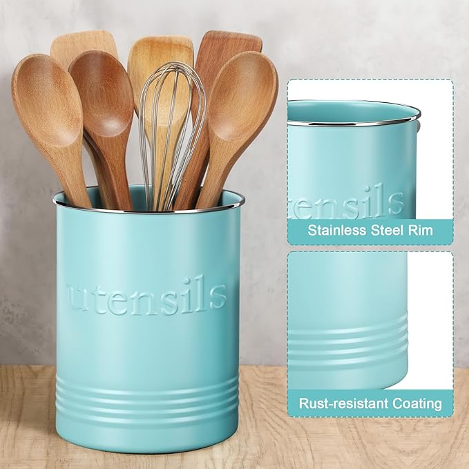 FoldTier 2 Pack Kitchen Utensil Holder for Counter 6.7"+4.7" Farmhouse Cooking Utensil Crock with Cork Bottom Modern Farmhouse Decors Countertop Storage Organizer Caddy Housewarming Gift(Turquoise)