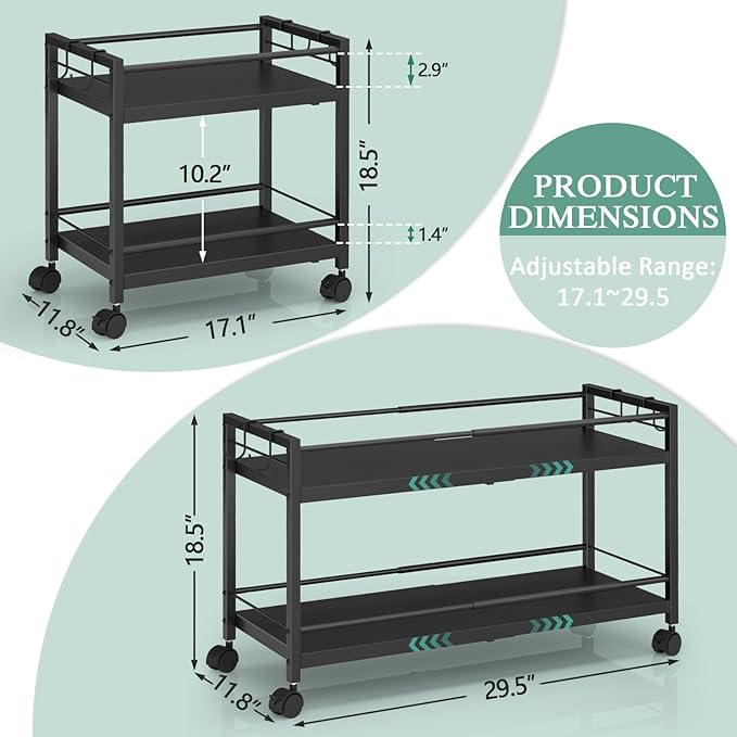 2-Tier Expandable Rolling Pantry Cart with Wheels, Adjustable Floor Organizer for Kitchen Pantry, Can Organizer for Pantry, Storage Cart for Snack, Food, Vegetables, Black, Patent Pending