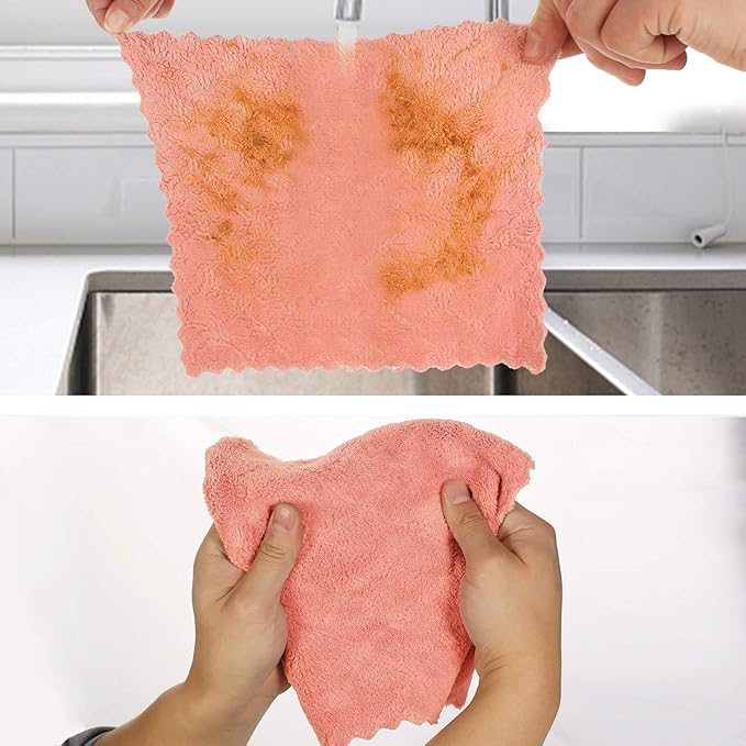 kimteny 12 Pack Dish Towels, 10x10 in Premium Dish Cloths, Super Absorbent Kitchen Towels Coral Velvet Dishcloths Nonstick Oil Fast Drying Washcloths (Pink-Grey)
