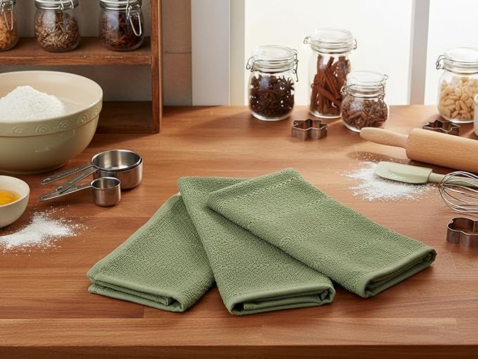 Serafina Home Dark Sage Green Kitchen Hand Dish Towels: Oversized 28" x 18",100% Cotton Cloth Soft Cleaning Drying Absorbent Textured Design, Set of 3 Multipurpose for Everyday Use (Dark Sage)