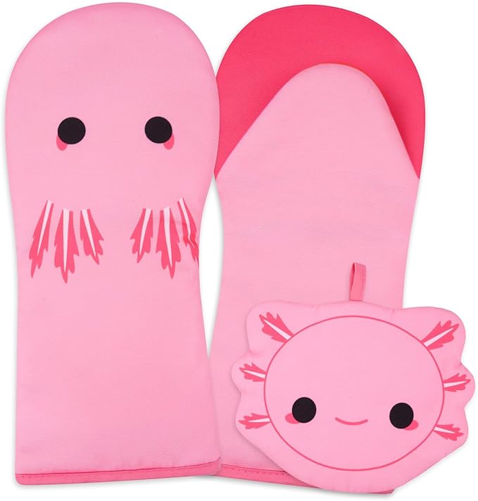 Oven Mitt, Cute Axolotl Oven Mitt Set with Pot Holders, Oven Mit Kitchen Mitts for Oven, Oven Mitts Heat Resistant Axolotl Kitchen Decor & Gifts for Housewarming