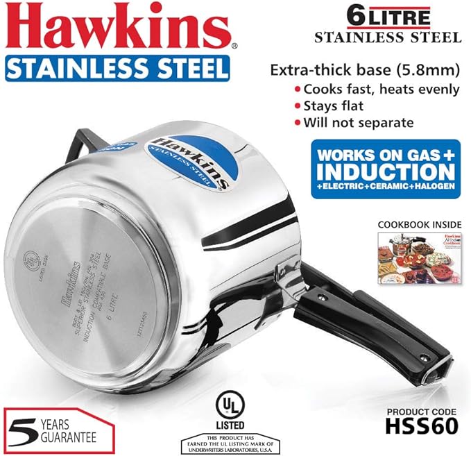 Hawkins 6 Litre Inner Lid Pressure Cooker, Stainless Steel Cooker, Induction Cooker, Silver (Hss60), 6 Liter