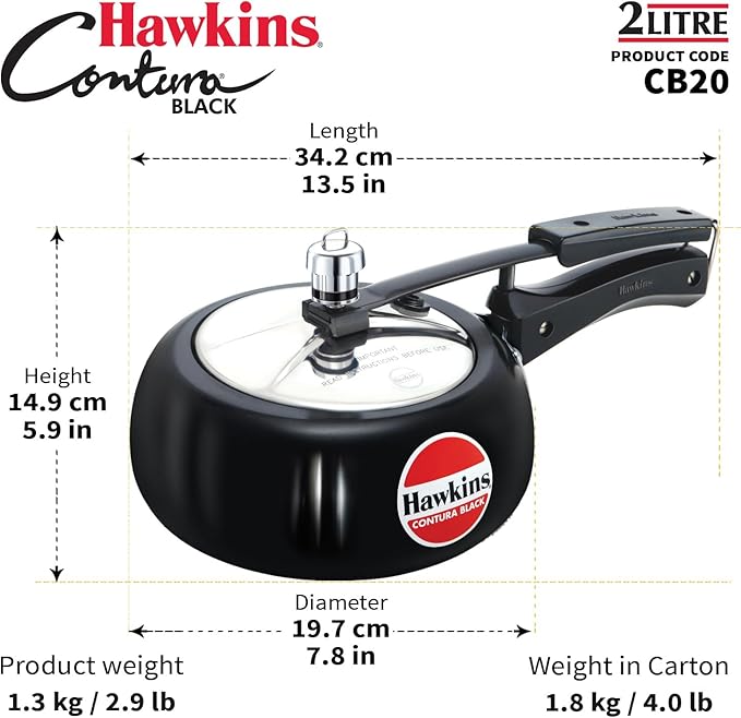 Hawkins 2 Litre Contura Black Pressure Cooker, Hard Anodised Inner Lid Cooker, Handi Cooker, Small Cooker, Black (CB20)