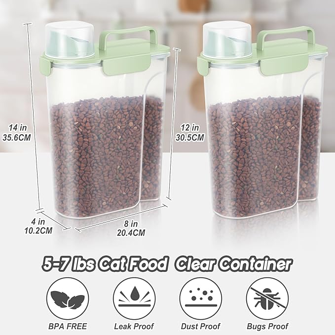 LEAWALK 5-7Lbs Dog Cat Food Storage Container with Upgraded Large Nozzle BPA-free, 4 Snap Seals Plastic Pet Food Storage Containers with Handles (light Green x 2, 5L-2pack)