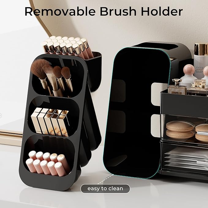 Makeup Organizer for Vanity with Brush Holder, Large Plastic Bathroom Countertop Skincare Organizer with 2 Drawers, Spacious Cosmetic Display Case for Perfumes, Eyeshadow Palettes, Nail Polishes