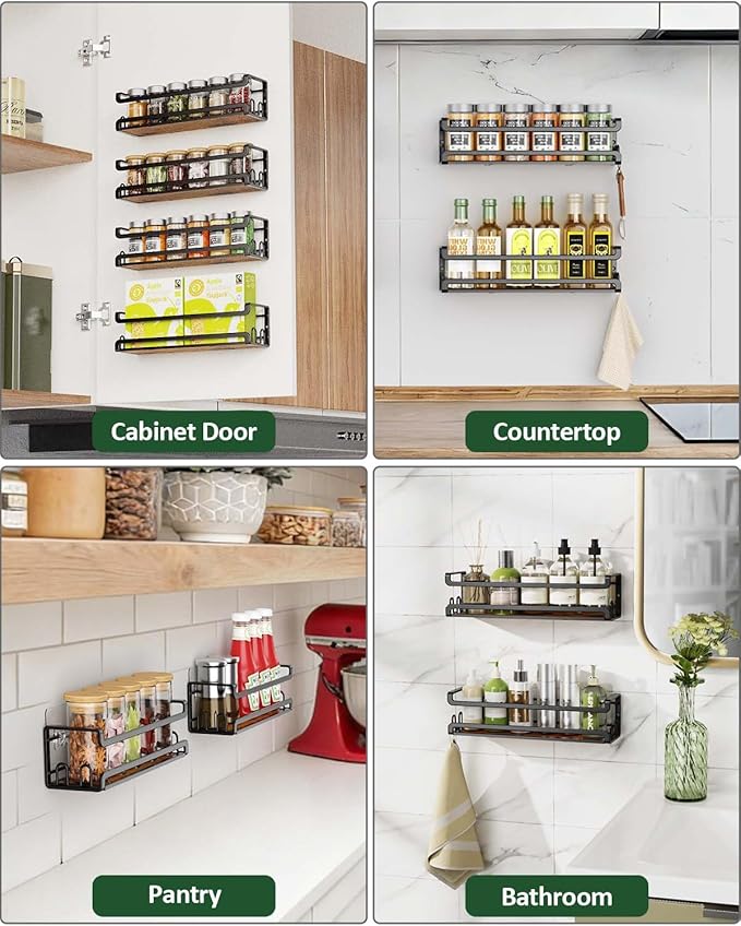 Doakhirmit Wall Mounted Spice Rack with 16 Hooks, Rustic Wood Spice Organizer Shelf for Stove Cabinet Pantry Door,Screw or Adhesive Hanging Spice Shelf,Wall Spice Rack in Kitchen and RV,4 Pack