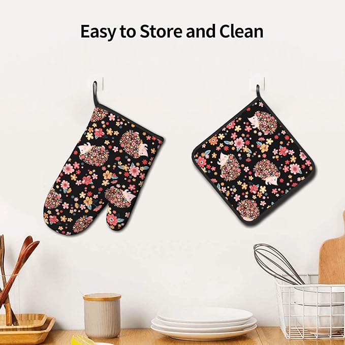Flowers and Cute Hedgehogs Oven Mitts and Pot Holders Heat Resistant Oven Mitts Safe for Baking Cooking BBQ