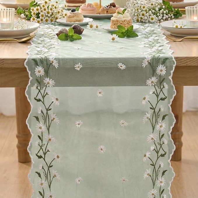 Artoid Mode Daisy Floral Sage Green Shaped Gauze Embroidery Table Runner 120 Inch 10FT, Tulle Spring Summer Kitchen Dining Table Decor for Home Party