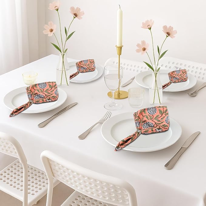 Ridhi Dark Salmon Hand Block Print 100% Cotton Napkins 18" x 18" (Set of 4) Reuseable Kitchen Napkins Cloth Decor Dinner Party Wedding Cocktail Gift for Spring, Easter, Valentine