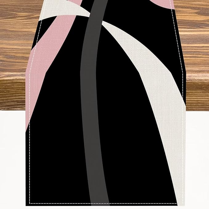 Abstract Pink Table Runner Grey and White Striped Black Background Modern Geometric Kitchen Dinner Runner for Indoor Home Living Room Party Dining Table Decoration 13"x90"
