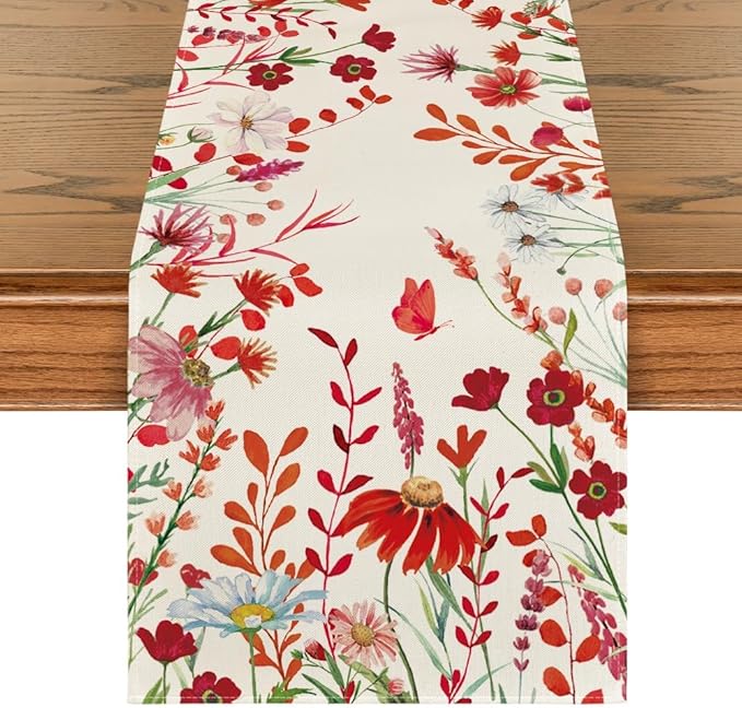 Artoid Mode Orange Daisy Flowers Floral Leaves Summer Table Runner, Spring Kitchen Dining Table Decoration for Home Party Decor 13x72 Inch