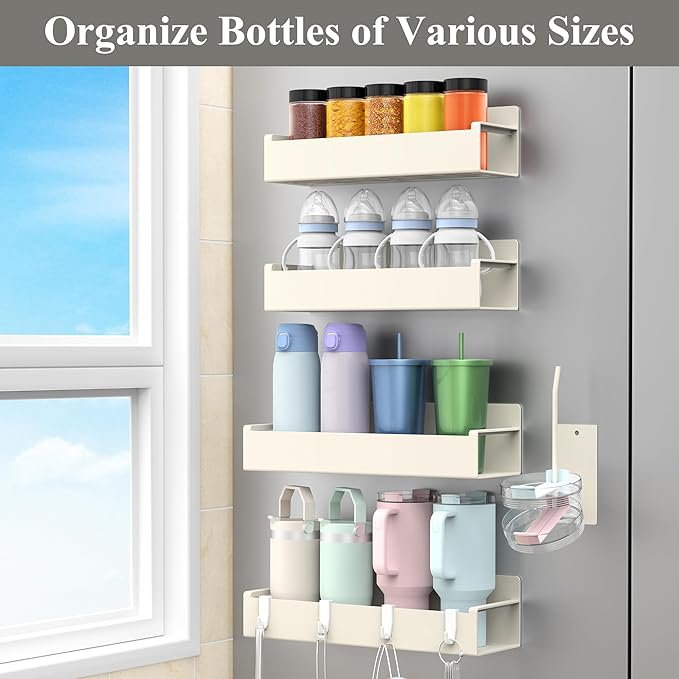 HuggieGems Magnetic Water Bottle Holder for Refrigerator, Cup Holder Organizer for Stanley and Tumbler for Kitchen, 4 Pack, Cream White