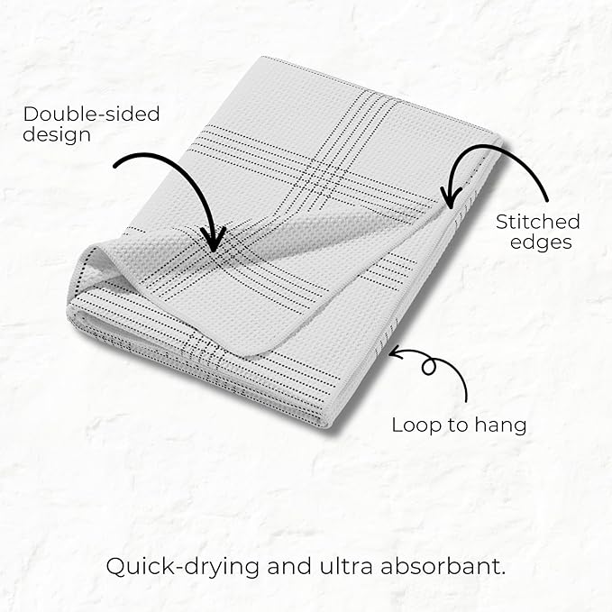 HALL & PERRY Kitchen Tea Towel, Ultra Soft, Quick Dry Microfiber Dish Cloths - 18"x30" Premium Quality Waffle Towel - Stripes and Plaid, White with Black Grid Stripes (1, Elle)
